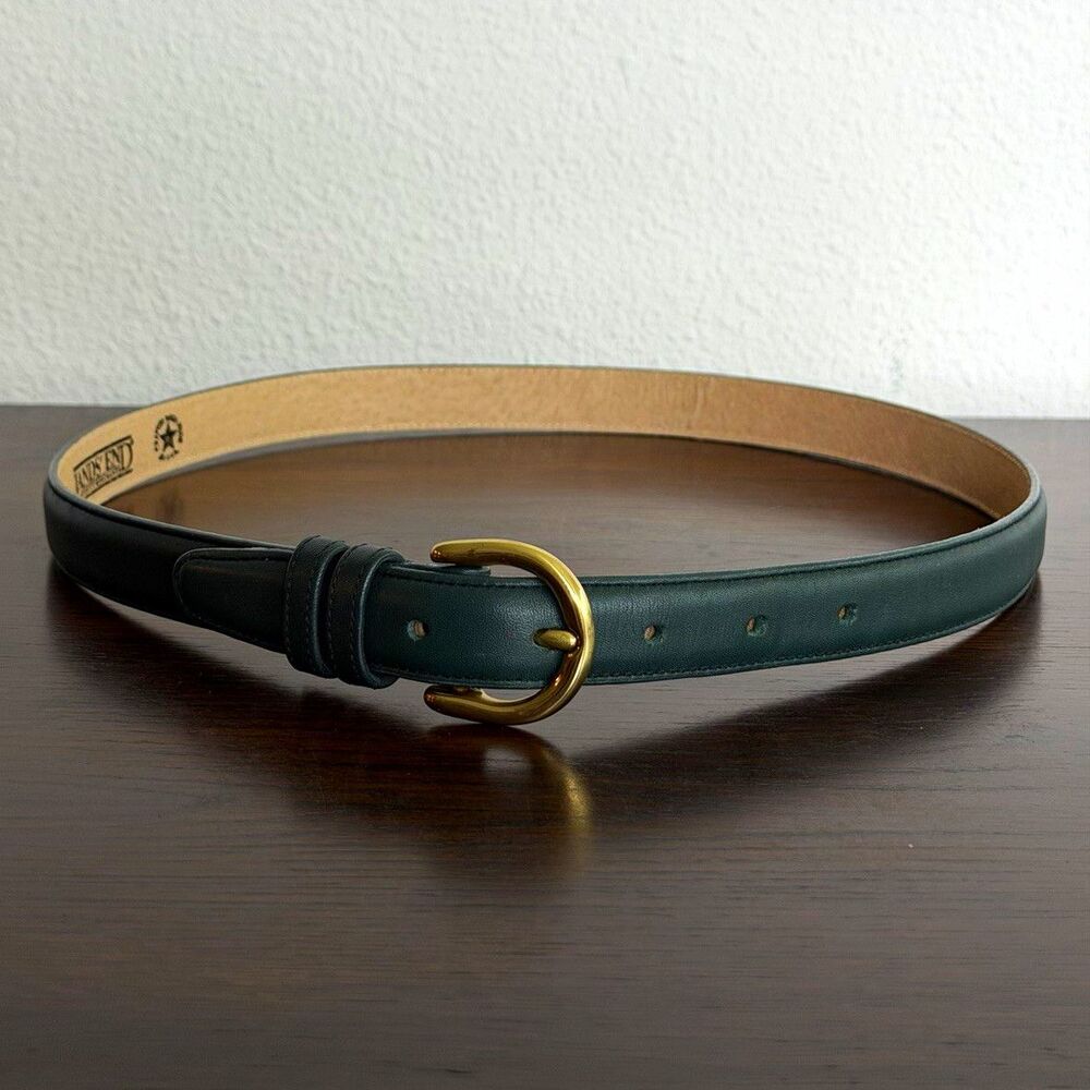 Vintage 1991 Lands’ End Women’s Leather Belt 32 Green Solid Brass Buckle US